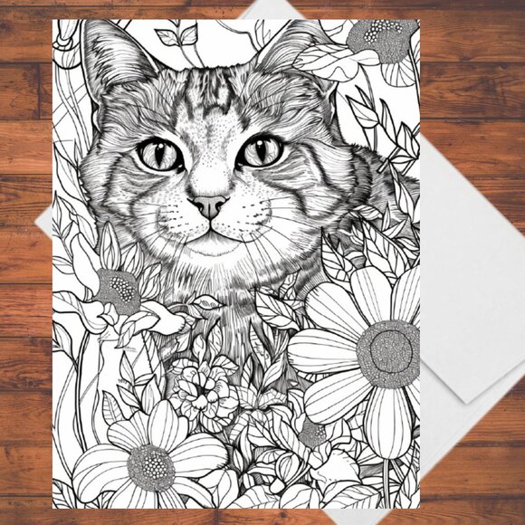 8 Cats in Flowers Coloring Cards Kit: 5x7 Handmade DIY Greeting Cards Envelopes - Picture 3 of 9